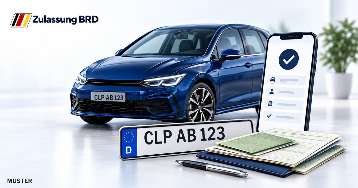 Online Fahrzeugzulassung in Löningen: Musterkennzeichen CLP AB 123, Auto und Fahrzeugpapiere und Smartphone. Illustration mit Logo von Zulassung BRD.